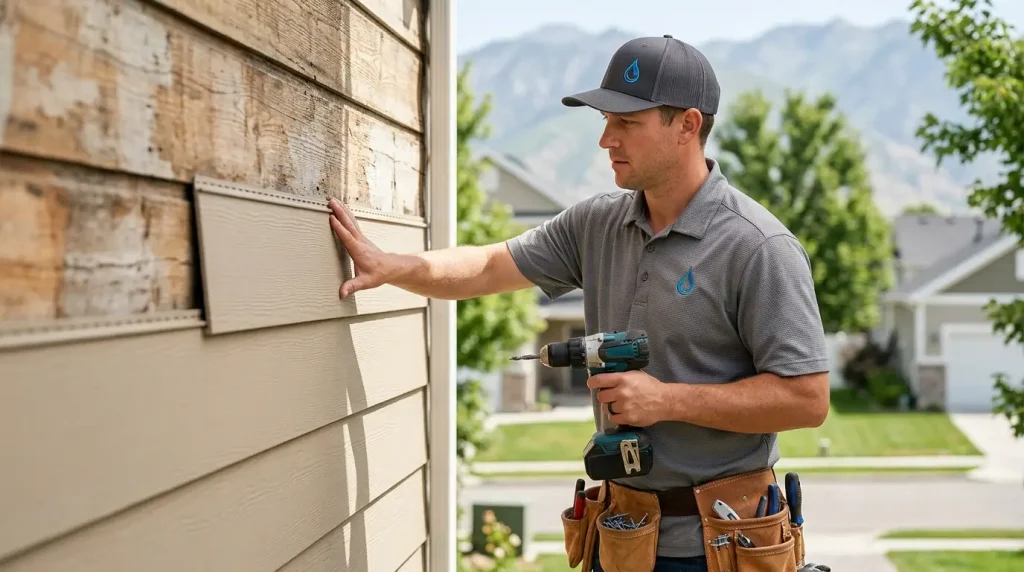 contractor installing vinyl siding on a utah home with wasatch mountains in the background