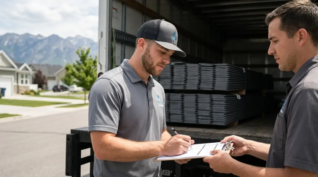 Ace Siding worker signing delivery clipboard for fiber cement siding shipment at Utah jobsite with Wasatch Mountains in background