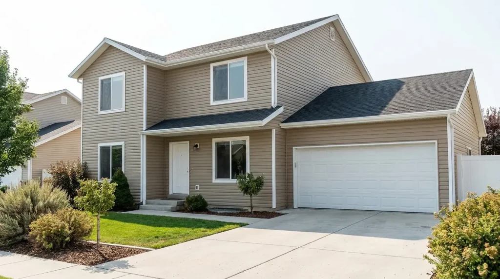 New tan vinyl siding replacement on a Davis County Utah home, shown from the front driveway angle